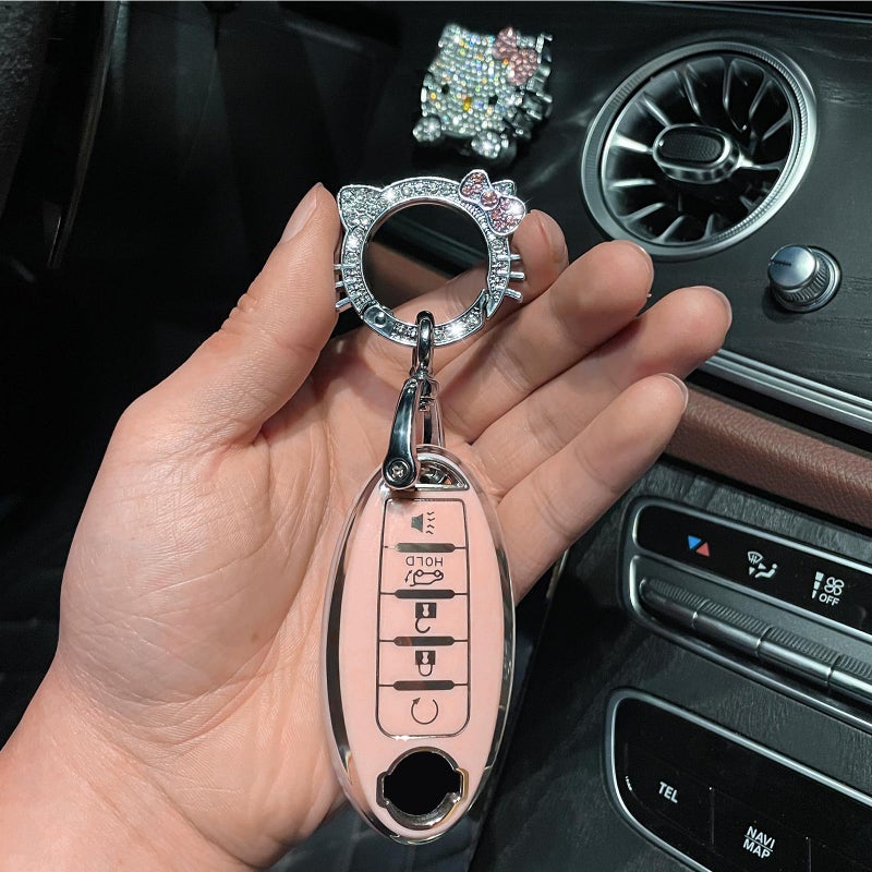 Pangpai Pink Car Accessories 3 Pcs for 5 Buttons Nissan Key Fob Cover with Bling Keychain Cute Push to Start Button Cover - Image 4